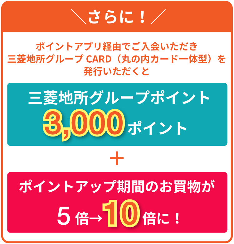 さらに！ポイントアプリ経由でご入会いただき三菱地所グループCARD（丸の内カード一体型）を発行いただくと三菱地所グループポイント3,000ポイント＋ポイントアップ期間のお買い物が5倍→10倍に！