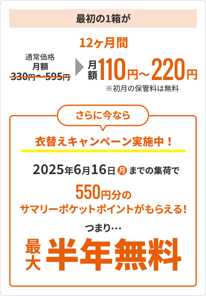 最初の1箱が12ヶ月間月額110円〜220円※初月の保管料は無料 - 衣替え＆大掃除キャンペーン実施中！