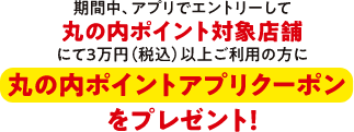 期間中、アプリでエントリーして丸の内ポイント対象店舗にて3万円（税込）以上ご利用の方に丸の内ポイントアプリクーポンをプレゼント！