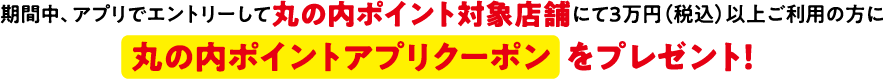 期間中、アプリでエントリーして丸の内ポイント対象店舗にて3万円（税込）以上ご利用の方に丸の内ポイントアプリクーポンをプレゼント！