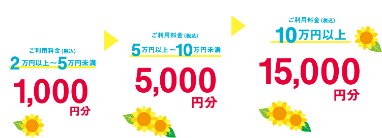 ご利用料金（税込）2万円以上～5万円未満 1,000円分 ご利用料金（税込）5万円以上～10万円未満 5,000円分 ご利用料金（税込）10万円以上 15,000円分