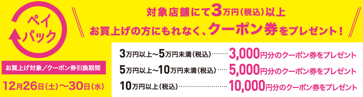対象店舗にて税込3万円以上お買上げの方にもれなく、クーポン券をプレゼント！