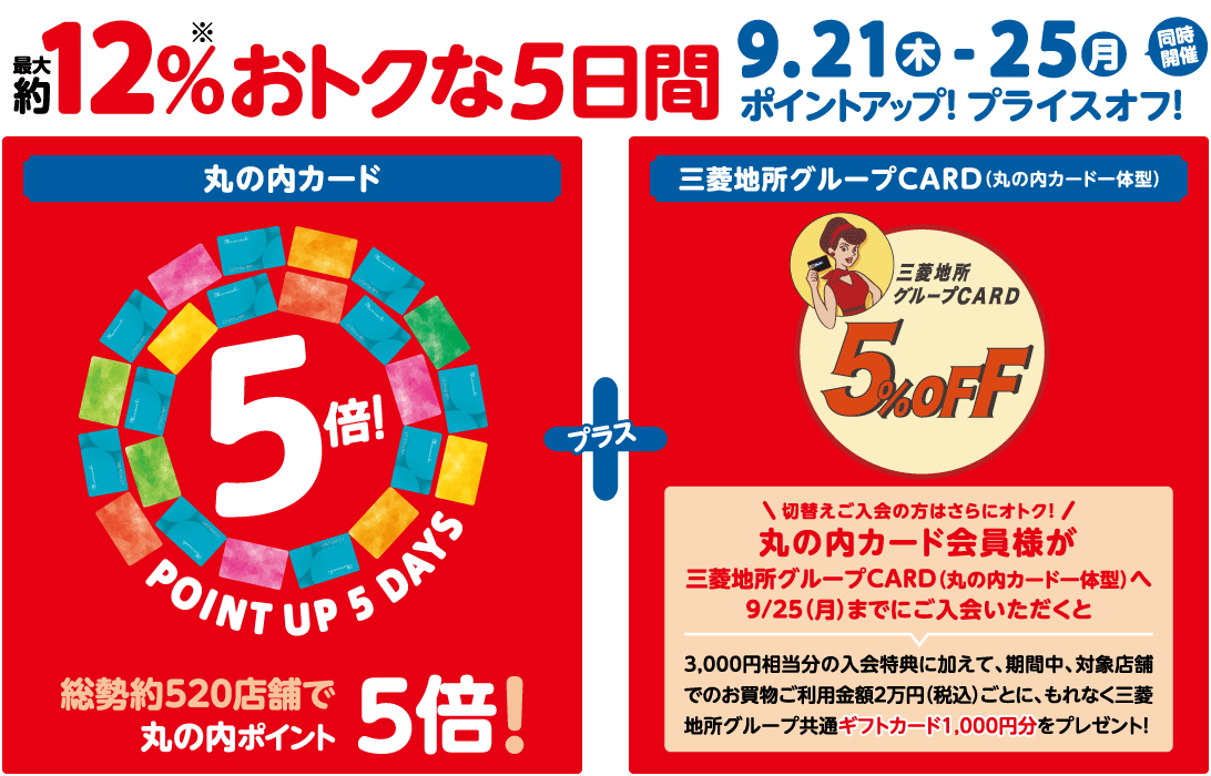 丸の内カード ポイントUP 5days 2017/9/21(木)~ 25(月)特別おトクな5日間 期間中、丸の内ポイント対象の総勢約520店舗で、ポイントが5倍に!